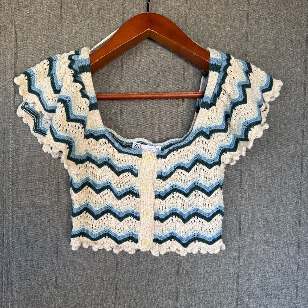 Zara Blue Stripe Cotton Crochet‎ Butterfly Sleeve Mermaidcore Crop Blouse Size M